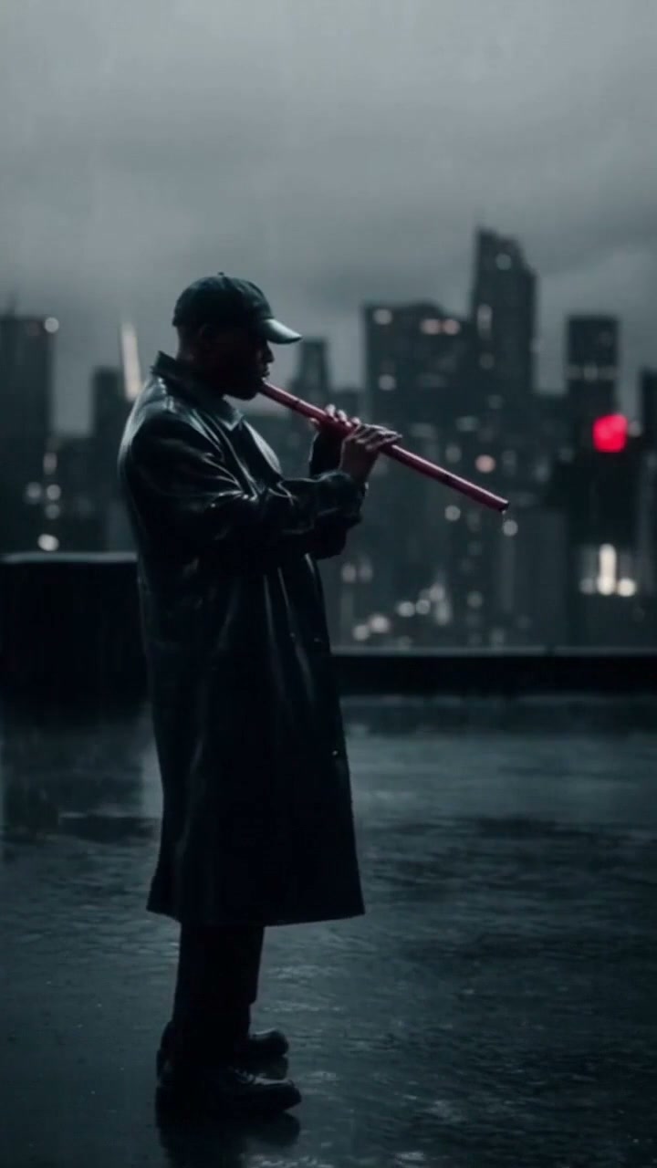 JayBoi on a rain-slick rooftop, red flute raised, city skyline behind